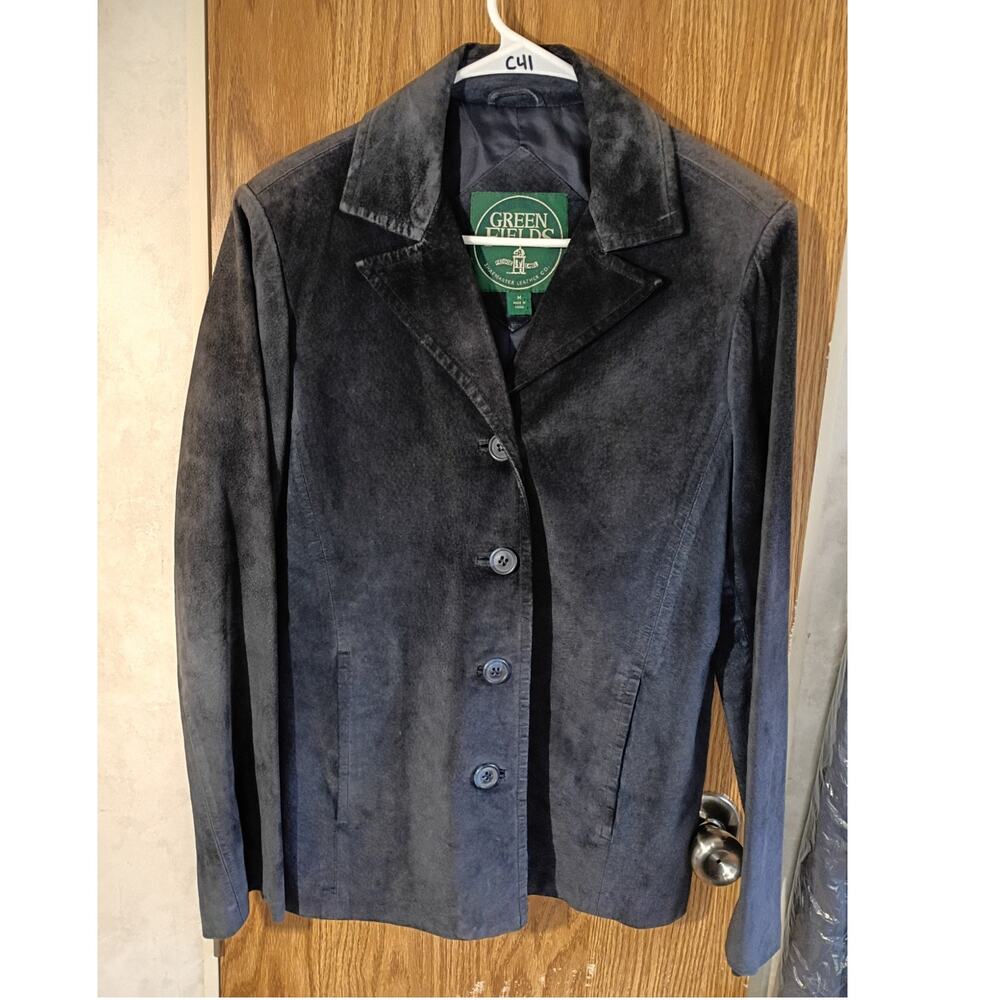 Vintage Womens Blue Suede Leather Jacket Medium Button Front Minimalist Blazer